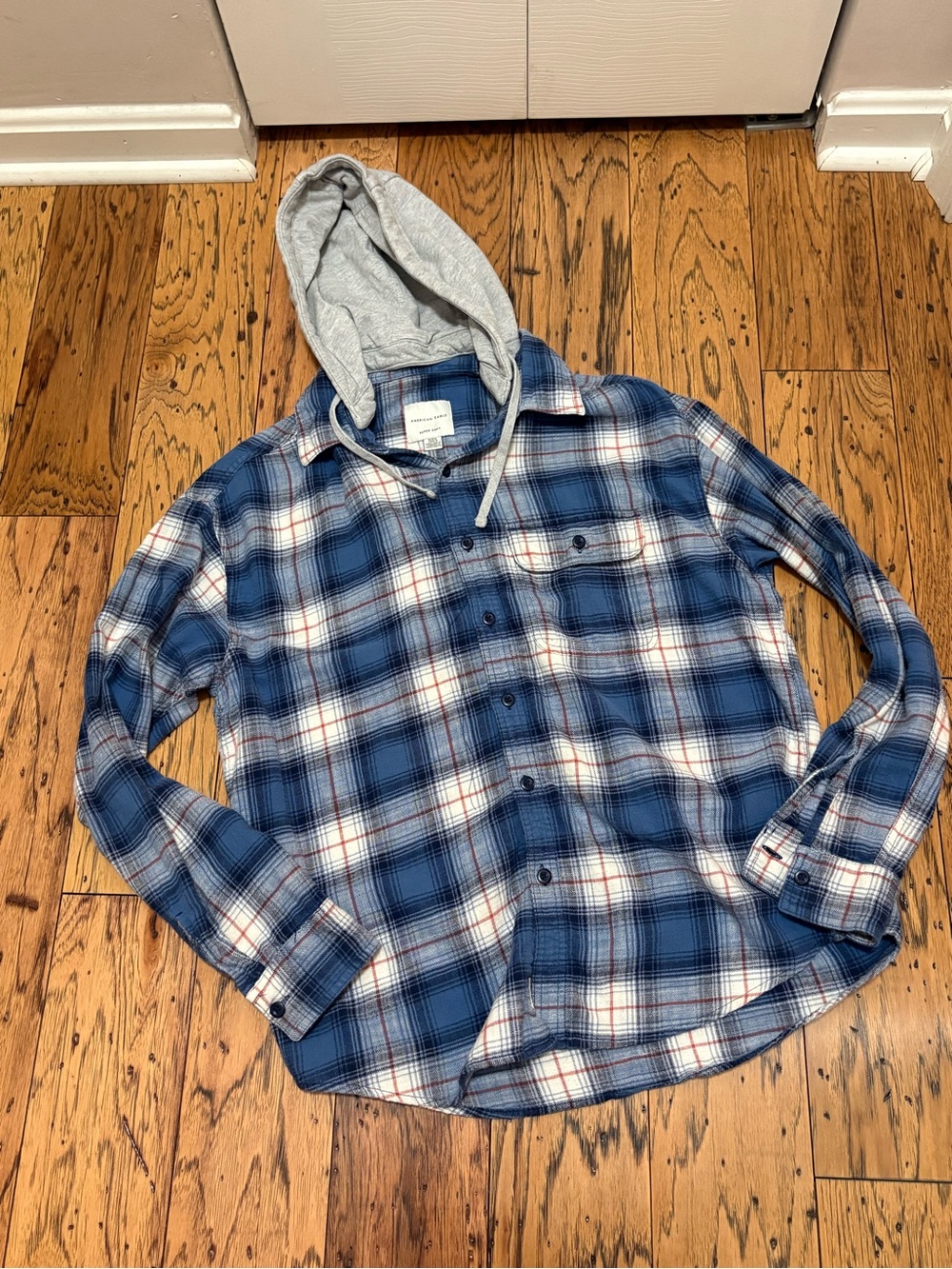 American Eagle Men's Blue Plaid Hooded Flannel Shirt